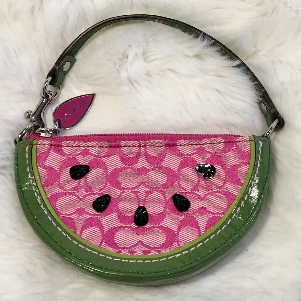 Coach Watermelon Coin Case Wristlet signature fabric green leather trim keychain